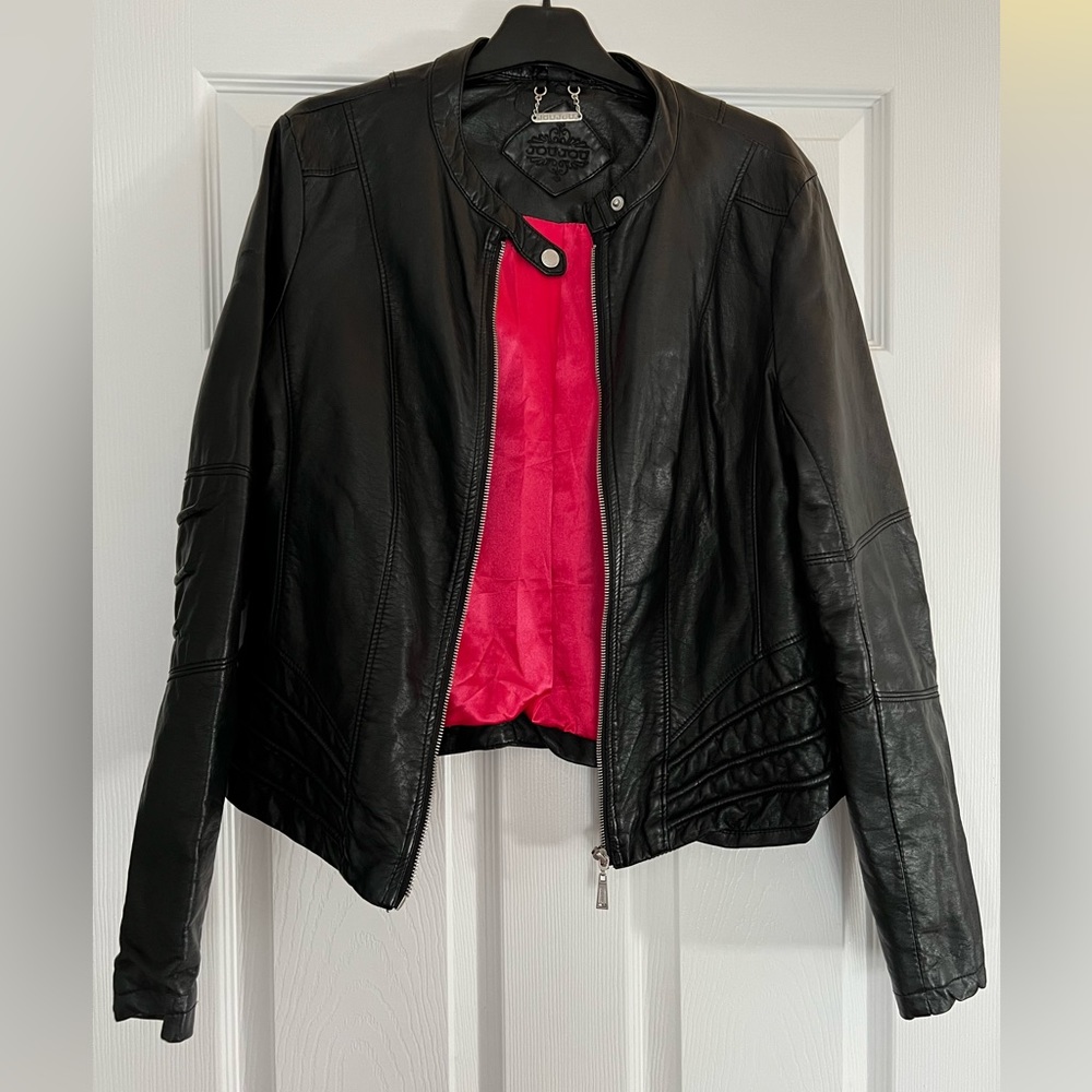 Jou Jou faux-leather Moto Jacket, black with hot pink lining